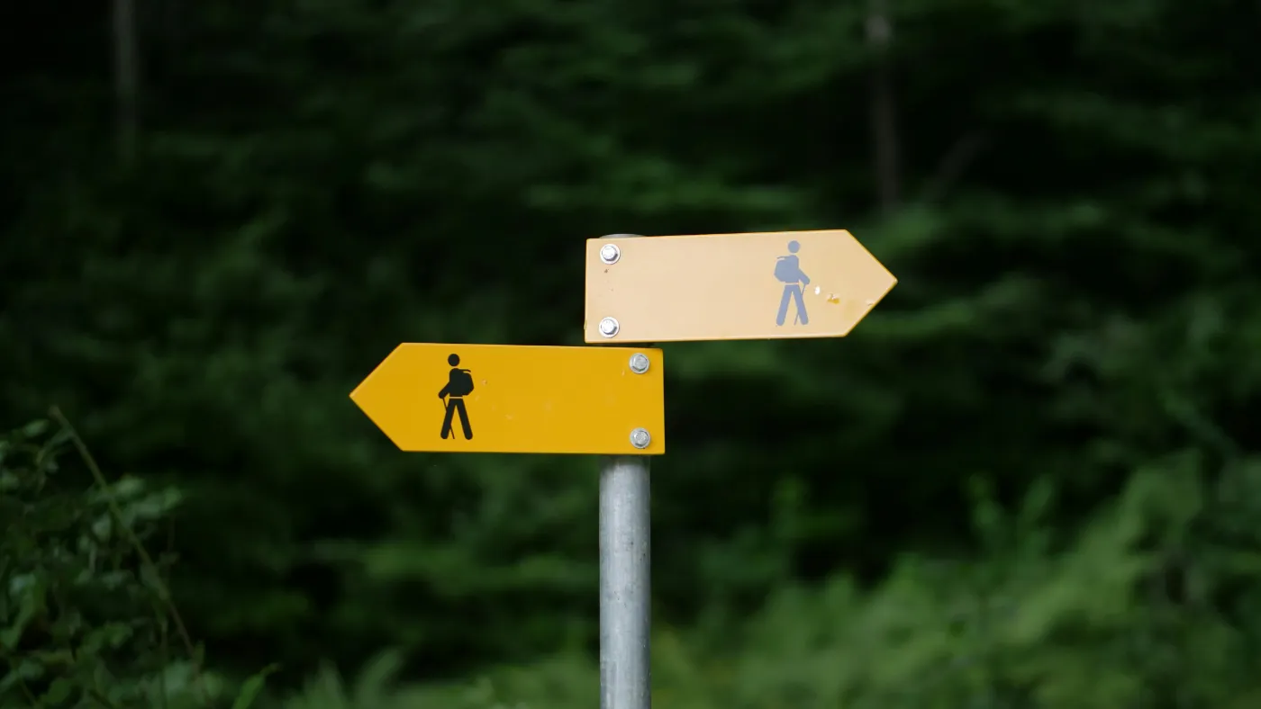 Deux panneaux jaunes de randonnée suisses pointent dans des directions opposées, devant une forêt.